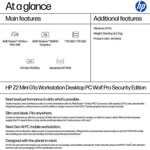 HP Z2 G1a Wolf Pro Security Edition Copilot+ PC AMD Ryzen AI Max+ PRO PRO 395 64 GB LPDDR5x-SDRAM 2 TB SSD Windows 11 Pro Mini PC Workstation AI Workstation, AI PC Black
