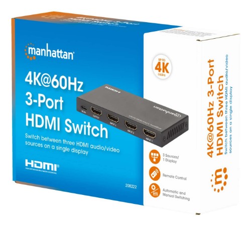 Manhattan 4K@60Hz 3-Port HDMI Switch, Switches Between Three HDMI Inputs on One HDMI Output (3x1), 18G, Automatic and Manual Switching, IR Remote Control, Black