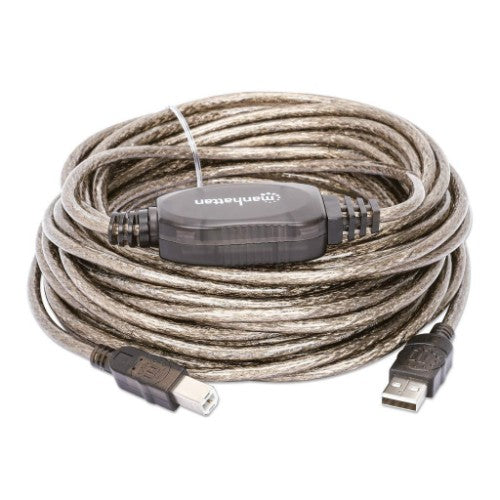 Manhattan USB-A to USB-B Cable, 11m, Male to Male, Active, 480 Mbps (USB 2.0), Built In Repeater, Hi-Speed USB, Translucent Silver, Three Year Warranty