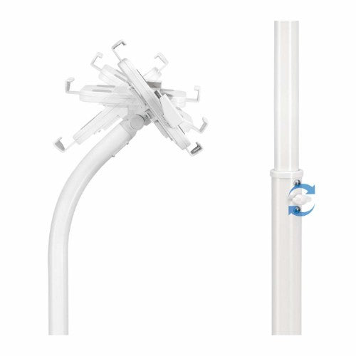 Manhattan Floor Stand (Anti theft) for Tablet and iPad, Universal, 360° Rotation, Tilt +20° to -110°, White, Lockable, Tablets 7.9" to 11", Height adjustable 790 to 1190mm,Extendable clamps: height 200 to 246mm/width 129 to 181mm,Can be bolted to floor (p