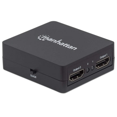 Manhattan HDMI Splitter 2-Port , 1080p, Black, Displays output from x1 HDMI source to x2 HD displays (same output to both displays), USB-A Powered (cable included, 0.7m), Three Year Warranty