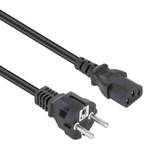 Manhattan Mains Power Cord/Cable, Euro 2-pin plug (CEE 7/4 Schuko) to C13 Female (kettle lead), 1m, 10A, Black, Lifetime Warranty