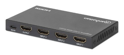 Manhattan 4K@60Hz 3-Port HDMI Switch, Switches Between Three HDMI Inputs on One HDMI Output (3x1), 18G, Automatic and Manual Switching, IR Remote Control, Black