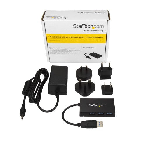 StarTech.com 4 Port USB 3.0 Hub - USB Type-A Hub with 1x USB-C & 3x USB-A (SuperSpeed 5Gbps) - USB Bus or Self-Powered - Portable USB 3.1/3.2 Gen 1 BC 1.2 Charging Hub w/ Power Adapter~4 Port USB 3.0 Hub - USB Type-A Hub with 1x USB-C & 3x USB-A (SuperSpe