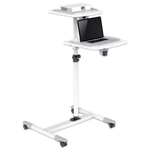 Manhattan Mobile Cart for Projectors and Laptops, Two Trays for Devices up to 10kg, Trays Tilt and Swivel, Height Adjustable, Grey/White, Lifetime Warranty