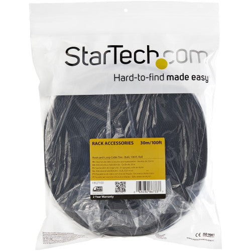 StarTech.com 100ft Hook and Loop Roll - Cut-to-Size Reusable Cable Ties - Bulk Industrial Wire Fastener Tape /Adjustable Fabric Wraps Black / Resuable Self Gripping Cable Management Straps