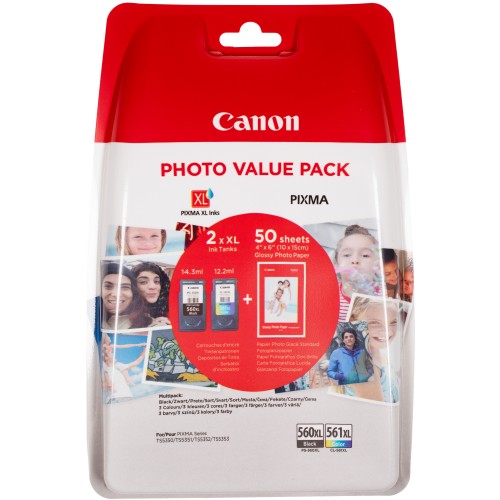 Canon 3712C004/PG-560XL+CL-561XL Printhead cartridge multi pack black + color +50 sheet Photopaper 14,3ml + 12,2ml Pack=2 for Canon Pixma TS 5350
