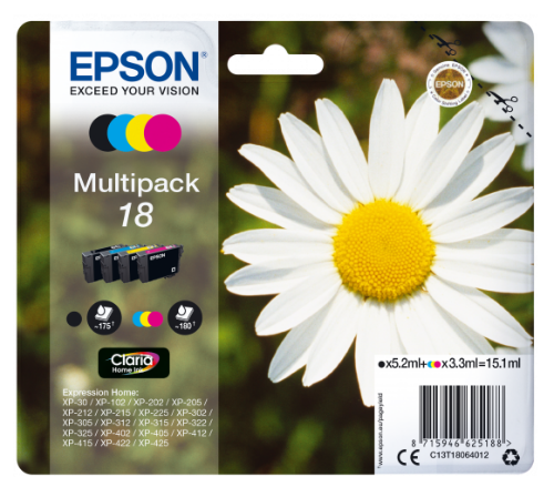 Epson C13T18164012/18XL Ink cartridge multi pack Bk,C,M,Y high-capacity 470pg + 3x450pg, 1x 12ml + 3x 7ml Pack=4 for Epson XP 30