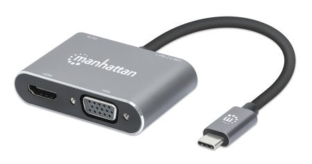 Manhattan USB-C Dock/Hub, Ports (x4): HDMI, USB-A, USB-C and VGA, With Power Delivery (87W) to USB-C Port (Note add USB-C wall charger and USB-C cable needed), All Ports can be used at the same time, Universal for all devices, Aluminium, Space Grey,3 Year