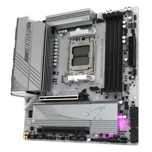GIGABYTE B650M AORUS ELITE AX ICE Motherboard - AMD Ryzen 9000 Series CPUs, 12+2+2 Phases VRM, up to 8000MHz DDR5 (OC), 1xPCIe 5.0 + 1xPCIe 4.0 M.2, 2.5GbE LAN, WIFI 6E, USB 3.2 Gen 2x2