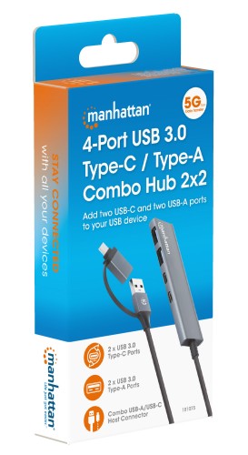 Manhattan USB-C & USB-A Combo Dock/Hub, Ports (4): USB-A (x2) and USB-C (x2), 5 Gbps (USB 3.2 Gen1 aka USB 3.0), USB powered (no external power supply required), Aluminium