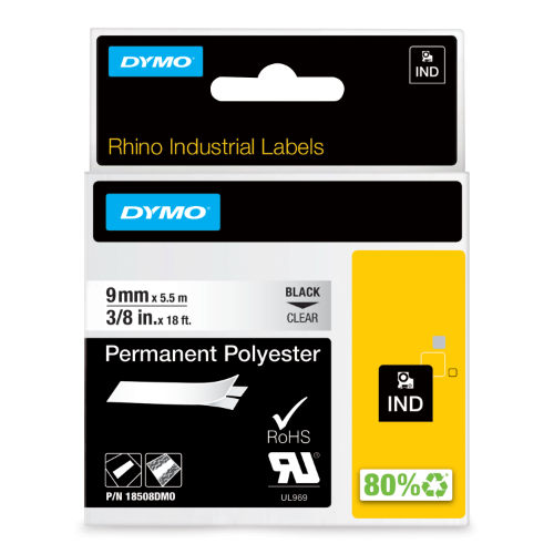 Dymo 18508/S0718160 Ribbon Polyester permanent black on Transparent 9mm x 5,5m for Dymo Rhino 6-12mm/19mm/24mm