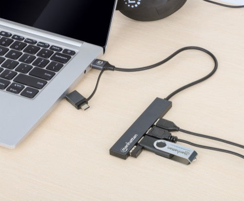 Manhattan USB-C & USB-A Combo Dock/Hub, Ports (4): USB-A (x4), 5 Gbps (USB 3.2 Gen1 aka USB 3.0), USB powered (no external power supply required), Cable 25cm