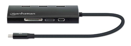 Manhattan USB-C Dock/Hub with Card Reader, Ports (x6): Ethernet, HDMI, USB-A (x3) and USB-C, With Power Delivery (100W) to USB-C Port (Note additional USB-C wall charger and USB-C cable needed), Universal for all devices, Aluminium, Equivalent to DKT30CSD