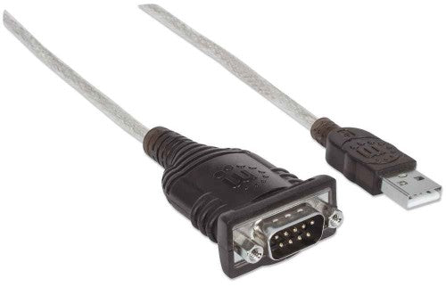 Manhattan USB-A to Serial Converter cable, 1.8m, Male to Male, Serial/RS232/COM/DB9, Prolific PL-2303RA Chip, Black/Silver cable, Three Years Warranty