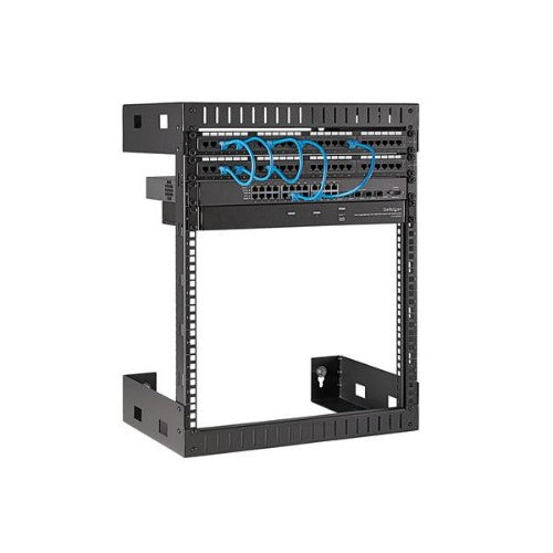 StarTech.com 12U 19" Wall Mount Network Rack - 12" Deep 2 Post Open Frame Server Room Rack for Data/AV/IT/Computer Equipment/Patch Panel with Cage Nuts & Screws 200lb Capacity, Black (RK12WALLO)