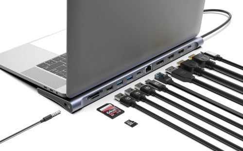 Manhattan USB-C Dock/Hub with Card Reader, Ports (x10): Audio 3.5mm, DisplayPort, Ethernet, HDMI (x2),USB-A (x3) and USB-C (x2),with PD 100W- requires external USB-C charger (not included). USB powered (no external power supply required) when PD is not in