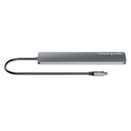 Manhattan USB-C Dock/Hub, Ports (x7): USB-A (x3) and USB-C (x4), with Power Delivery (PD) 100W- requires external USB-C charger (not included). USB powered (no external power supply required) when PD is not in use, Aluminium