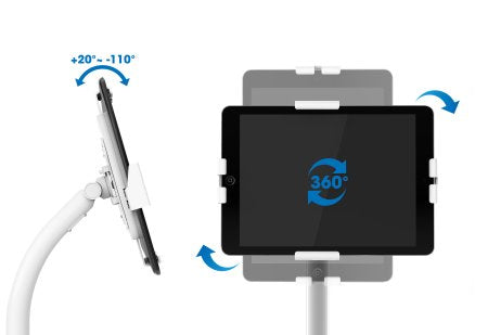Manhattan Floor Stand (Anti theft) for Tablet and iPad, Universal, 360° Rotation, Tilt +20° to -110°, White, Lockable, Tablets 7.9" to 11", Height adjustable 790 to 1190mm,Extendable clamps: height 200 to 246mm/width 129 to 181mm,Can be bolted to floor (p