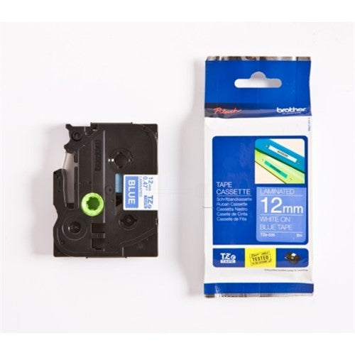 Brother TZE-535 DirectLabel white on blue Laminat 12mm x 8m for Brother P-Touch TZ 3.5-18mm/6-12mm/6-18mm/6-24mm/6-36mm