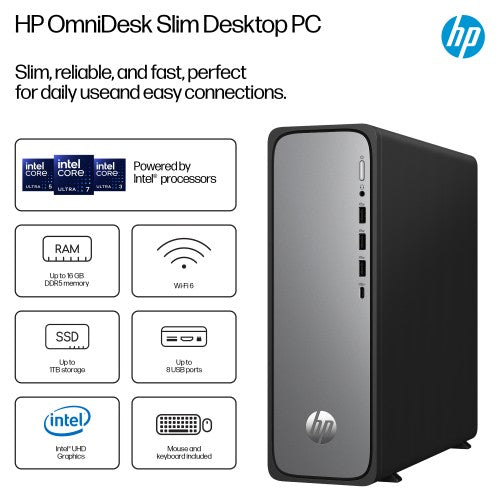 HP OmniDesk Slim S03-0009na Intel® Core™ i5 i5-14400 8 GB DDR5-SDRAM 512 GB SSD Windows 11 Home Tower PC Silver
