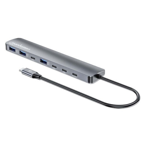 Manhattan USB-C Dock/Hub, Ports (x7): USB-A (x3) and USB-C (x4), with Power Delivery (PD) 100W- requires external USB-C charger (not included). USB powered (no external power supply required) when PD is not in use, Aluminium