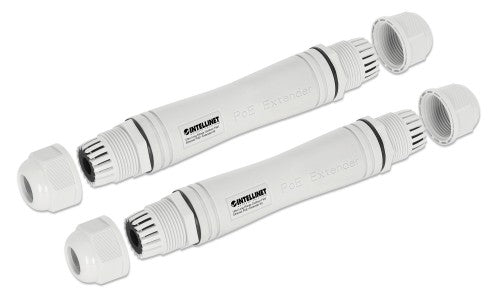 Intellinet Ultra Long Range Outdoor Fast Ethernet PoE+ Extender Kit Extends PoE up to 1000 m (3280 ft.), One PD Port up to 95 W, IEEE 802.3bt (4PPoE) Compatible, IP67 Waterproof and Dustproof, Set of Two Modules, Plastic, Gray