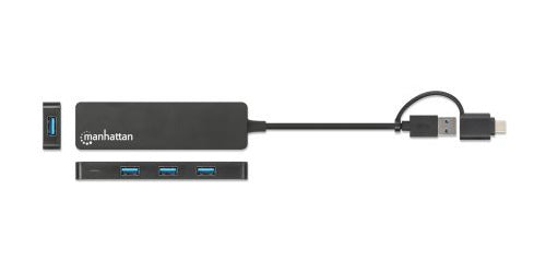 Manhattan USB-C & USB-A Combo Dock/Hub, Ports (4): USB-A (x4), 5 Gbps (USB 3.2 Gen1 aka USB 3.0), USB powered (no external power supply required)