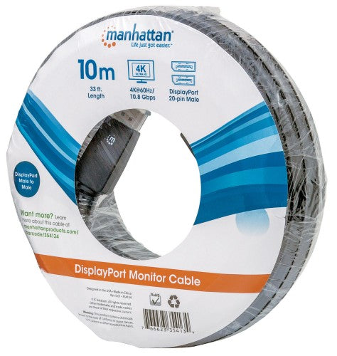 Manhattan DisplayPort 1.1 Cable, 4K@60Hz, 10m, Male to Male, With Latches, Fully Shielded, Black, Lifetime Warranty