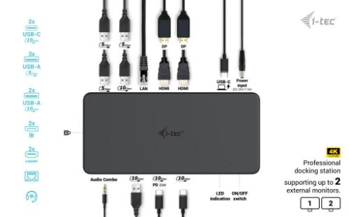 i-tec USB 3.0 / USB-C / Thunderbolt 3 Professional Dual 4K Display Docking Station Generation 2 + Power Delivery 100W