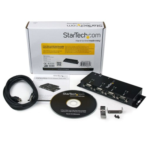 StarTech.com 4 Port USB to DB9 RS232 Serial Adapter Hub – Industrial DIN Rail and Wall Mountable