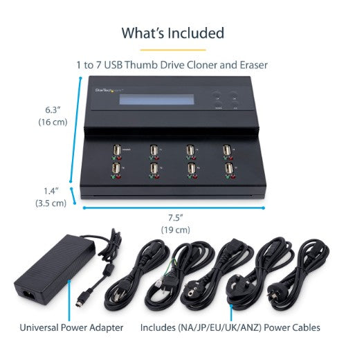 StarTech.com Standalone 1 to 7 USB Thumb Drive Duplicator and Eraser, Multiple USB Flash Drive Copier, System and File and Whole-Drive Copy at 1.5 GB/min, Single and 3-Pass Erase, LCD Display - TAA