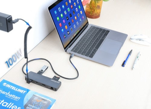 Manhattan USB-C Dock/Hub with Card Reader, Ports (x7): Ethernet, HDMI, USB-A (x3) and USB-C (x2), with Power Delivery (PD) 100W- requires external USB-C charger (not included). USB powered (no external power supply required) when PD is not in use