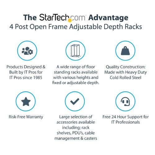 StarTech.com 4-Post 15U Mobile Open Frame Server Rack, Four Post 19" Network Rack with Wheels, Rolling Rack with Adjustable Depth for Computer/AV/Data/IT Equipment - Casters, Leveling Feet or Floor Mounting