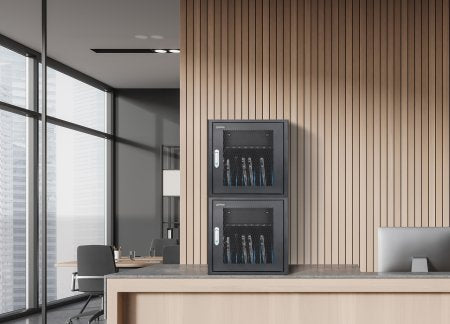 Manhattan Laptop Charging Cabinet Desktop via AC Adapter (UK) 10-bay, Install device's AC Adapter (power cables) into unit, Suitable for ALL laptops (to 15.6"), iPads, MacBooks, Chromebooks, other portable devices, Bays 380x30x280mm, Cart, Lockable