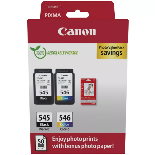 Canon 8287B008/PG-545+CL-546 Printhead cartridge multi pack black + color + Photopaper 50 sheet, 2x180 pages ISO/IEC 24711 8ml Pack=2 for Canon Pixma MG 2450