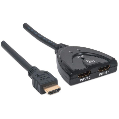 Manhattan HDMI Switch 2-Port, 1080p, Connects x2 HDMI sources to x1 display, Manual Switching (via button), Integrated Cable (50cm), No external power required, Black, Three Year Warranty