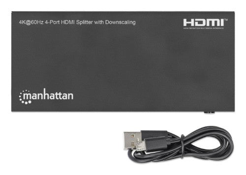 Manhattan HDMI Splitter with downscaling 4-Port , 4K@60Hz, Displays output from x1 HDMI source to x4 HD displays (same output to four displays), Downscale button to adjust a 4K input signal into 1080p, Micro-USB to USB-A power cable included (cable 0.8m),
