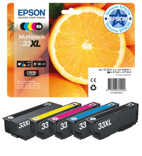 Epson C13T33574011/33XL Ink cartridge multi pack high-capacity Bk,C,M,Y,PBK EasyMail 12,2ml+3x8,9ml+8,1ml Pack=5 for Epson XP 530