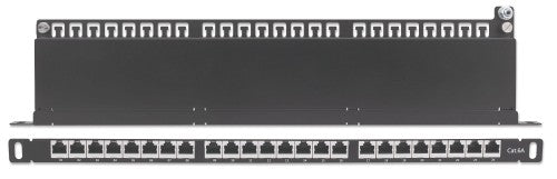 Intellinet Patch Panel, Cat6a, FTP, 24-Port, 19", 0.5U, Shielded, 90° Top-Entry Punch Down Blocks, Black