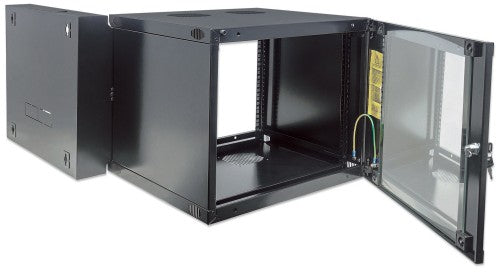 Intellinet 19" Network Cabinet - Wall Mount (Double Section Hinged Swing Out), 12U, 450mm Deep, Black, Flatpack, Max 30kg, Swings out for access to back of cabinet when installed on wall, Usable Depth 235mm, Rack, Parts for wall installation not included