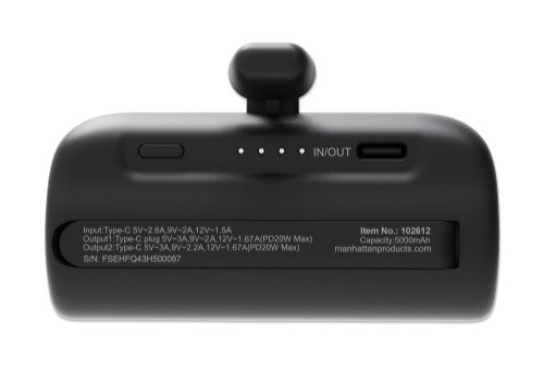 Manhattan Power Bank with integrated USB-C plug, 5000 mAh, Up to 20W output, Kickstand for Use as Charging Phone Holder, Black, One Year Warranty
