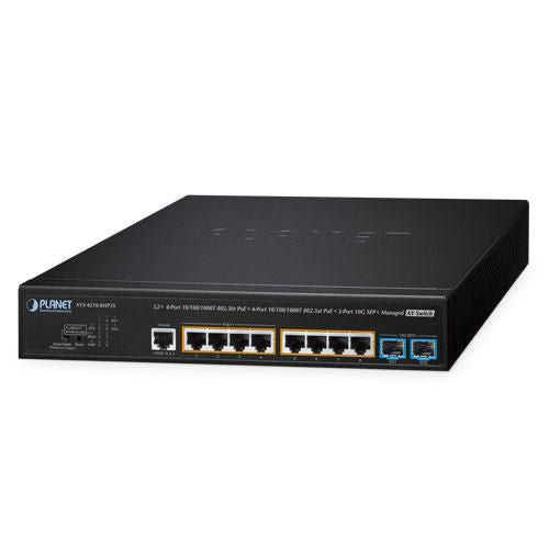 PLANET L2+ 4-Port 10/100/1000T 802.3bt PoE + 4-Port 10/100/1000T 802.3at PoE + 2-Port 10G SFP+ Managed AV Switch L2+ Power over Ethernet (PoE)