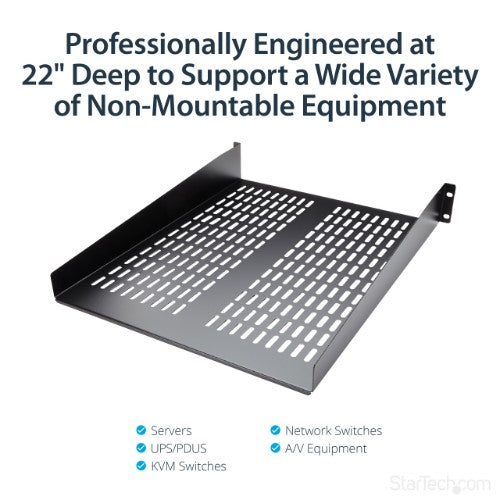 StarTech.com 2U Server Rack Shelf - Universal Vented Rack Mount Cantilever Tray for 19" Network Equipment Rack & Cabinet - Heavy Duty Steel – Weight Capacity 50lb/23kg - 22" Deep Shelf, Black