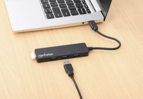 Manhattan USB-C Dock/Hub, Ports (4): USB-A (x4), 5 Gbps (USB 3.2 Gen1 aka USB 3.0), USB powered (no external power supply required), Equivalent to HB30CM4AB