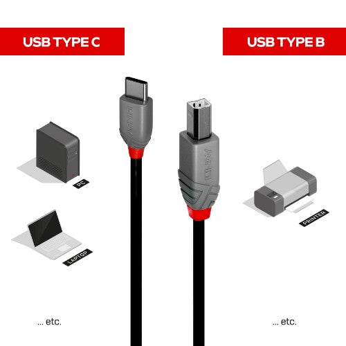 Lindy 0.5m USB 2.0 Type C to B Cable, Anthra Line