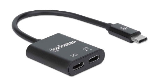 Manhattan USB-C to USB-C Audio Adapter and USB-C (inc Power Delivery), Black, 480 Mbps (USB 2.0), Cable 11cm, With Power Delivery to USB-C Port (60W), Three Year Warranty
