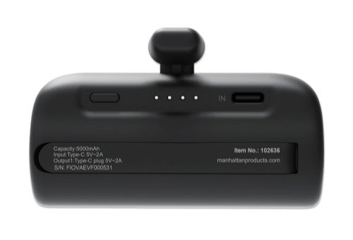 Manhattan Power Bank with integrated USB-C plug, 5000 mAh, Up to 10W output, Kickstand for Use as Charging Phone Holder, Black, One Year Warranty