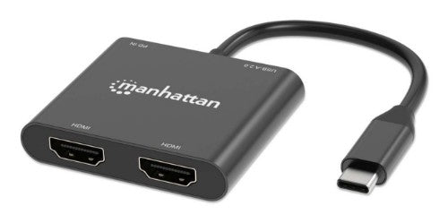 Manhattan USB-C to Dual HDMI & USB-A Adapter, Dual 4K@30Hz or Single 4K@60Hz, Power Delivery 100W, 480 Mbps (USB 2.0), Cable 15cm, Black, Male to Female, Three Year Warranty