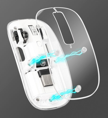 Manhattan Transparent Rechageable Wireless Mouse, Clear/White, Adjustable 800/1200/1600dpi, With RGB LED light, 2.4Ghz (effective range up to 10m), USB, Optical, Ambidextrous, Four Button with Scroll Wheel, Slim Design, USB-A micro receiver, Lithium Ion b